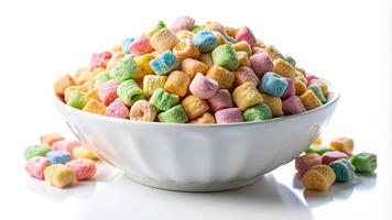 A bowl of colorful cereal with a few pieces scattered photo
