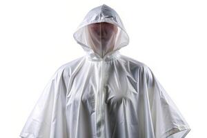 A white rain poncho with hood on a white background photo