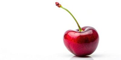 frame, round, white background, medium shot, red, summer, A medium shot of a delicious summer cherry on a white background showcasing its round red frame photo