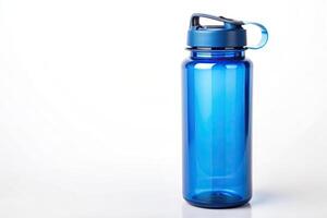 white background, secure lid, eye level, eco friendly, reusable,blue, Blue reusable water bottle with secure lid on white background photo