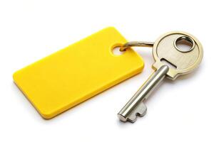 Yellow blank tag and a key isolated on white background A close up shot of a yellow blank tag with a key placed next to it both isolated on a white background creating a forced perspective effect photo