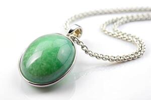trendy, decorative, shiny, beautiful, A detailed close up image of a stunning aventurine pendant hanging on a delicate chain against a clean white background with a wide angle perspective photo