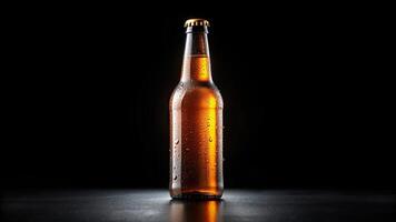 glass, medium shot,mockup, pub, marketing, drink, template, A medium shot stock photo featuring a detailed mockup of a cold bottle of beer on a black background with isolated copy space