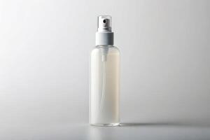 white, cosmetics, bottle, design, minimalistic, mock-up, presentation, light background, product, personal care, template, Cosmetic spray bottle mockup on a light background high angle photo