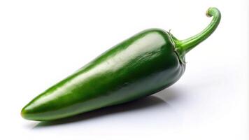 A single jalapeno pepper positioned in a forced perspective is showcased against a clean white background, isolated, white background, forced perspective, flavor, organic, heat photo
