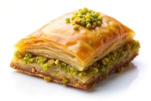pastry, silhouette, Mediterranean, A close up stock photo of a delicious piece of baklava with pistachio captured on a clean white background creating a captivating silhouette