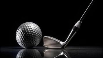 A minimalist stock photo of a golf ball placed on a tee beside an iron club against a black background, golfing, isolated, recreation, equipment, leisure activity, accuracy, sport