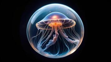 jellyfish, serenity, luminescent, fragile, A close up view of a luminous jellyfish floating in a transparent bubble against a black backdrop captured from a worm s eye perspective photo