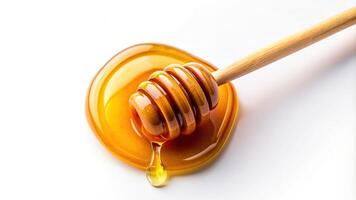 close-up, ingredient, sweetener, harvest, bee, aerial, sticky, appetizing, freshness, isolated, organic, Honey dripping from a dipper captured in an aerial shot on a white background photo