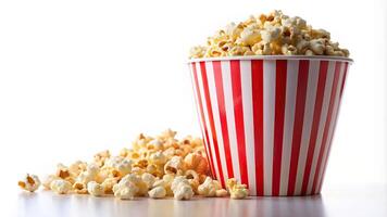 popcorn, popcorn container, cinema, movie, striped design, striped popcorn bucket, tasty, Paper striped bucket filled with freshly popped popcorn standing isolated on a white background photo
