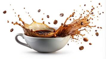 isolated, pouring, drink, coffee beans, splashing, close-up, cut out, abstract, studio shot, liquid, caffeine, bird's eye view, Coffee splash cut out on white background Bird s Eye View photo