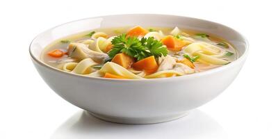 Instant chicken noodle soup in a white ceramic bowl isolated on white, celery, noodles, easy, warm, convenient, quick, carrots, appetizing, isolated, white, broth, white, soup, delicious photo