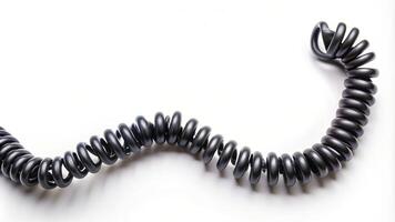 retro, black, coil, telecom, curly,telephone cord, wire, abstract, isolated, phone, minimalist, cord, white background, connection, Black spiral telephone cord on white background photo