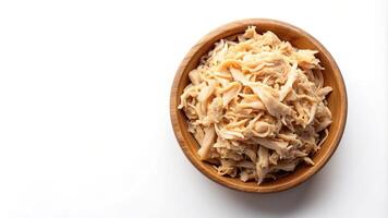 chicken meat, texture, meal, isolated, dish, food, white background, Boiled shredded chicken meat is presented in a wooden bowl seen from an overhead perspective against a white background photo