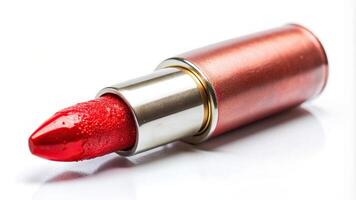 close-up, elegance, sensual, smudged,red lipstick, A detailed close up shot of a red lipstick bullet smudged on one end isolated on a white background with ample copy space photo