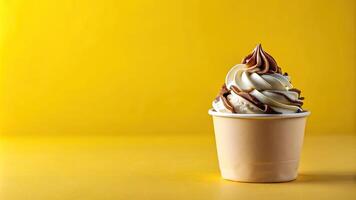 vibrant, composition, sweet, A mockup of vanilla ice cream in a paper cup with a chocolate topping placed on a vibrant yellow background creating a visually appealing composition photo