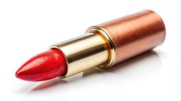 A detailed close up shot of a red lipstick bullet smudged on one end isolated on a white background with ample copy space, smearing, smudged, panoramic, fashion, white background photo