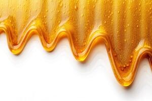 A close up view of a diagonal wavy drizzle of healthy honey on a white background, dessert, sweet, organic, ingredient, transparent, drizzle, close-up, background,diagonal, white, food, honey photo