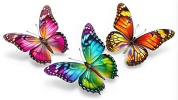 Three colorful butterflies with vibrant patterns and delicate wings in various shades fluttering gracefully against a pure white background, isolated, vibrant colors, nature photo