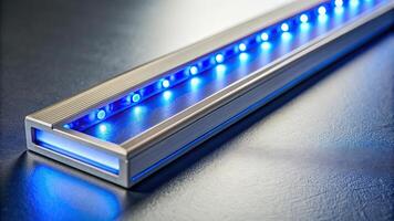 interior design, extreme close-up,LED strip light, Extreme close up of a blue LED strip light installed within an aluminum channel diffuser creating a sleek and modern lighting effect photo