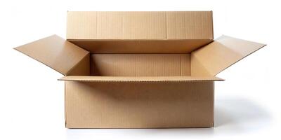 packaging, storage, white background, delivery, plain, unpack, explore, An open cardboard box sits alone on a white background inviting curious viewers to explore its contents photo