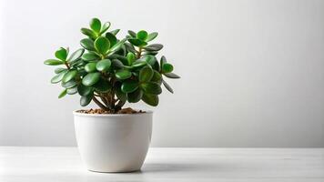 description and 28 keywords tags for a stock photo of a Jade Plant Crassula ovata in a modern looking pot isolated on a white background with a minimalist style Minimalist potted Jade Plant on white