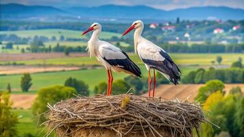 A detailed description for the stock photo A close up shot of a breeding pair of white storks Ciconia ciconia standing on their symmetrical nest surrounded by a picturesque landscape