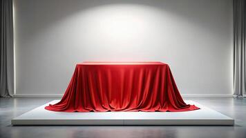 An empty stand covered with red cloth fabric is placed in the center of a white background captured in a long shot, presentation, marketing, trade show, product, creative, showcase photo