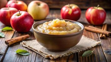 food, rustic style, snack, natural, organic, fresh, tasty, sauce, bowl, apple puree, Applesauce in a bowl portion of homemade apple sauce or apple puree in bowl over rustic table macro photo
