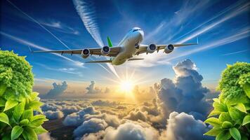 Stock photo of an airplane flying in the sky promoting the concept of Fly Net Zero and embracing Sustainable Aviation Fuel SAF for a greener future, carbon emissions, renewable