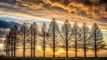 Silhouette of a row of Metasequoia dawn redwood trees in winter with bare branches against a cloudy sky, row, bare branches, tree, Metasequoia dawn redwood,silhouette photo