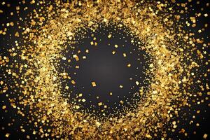 Explosion of gold confetti on a black background creating a symmetrical pattern, explosion, birthday, victory, symmetrical, event, special occasion, festive, glamorous, party photo