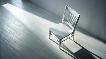 modern, stylish, white, light, home decor, comfort, perspective, A wood white chair is seen from a bird s eye view with half of it covered in shadow and the other half in light photo