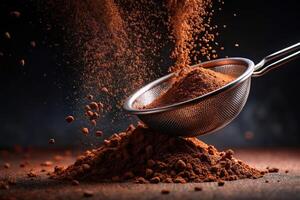 Cocoa powder being sifted through a fine mesh sieve creating a mesmerizing pattern of chocolate dust on a black background beautifully reflected, food, baking, dessert photo