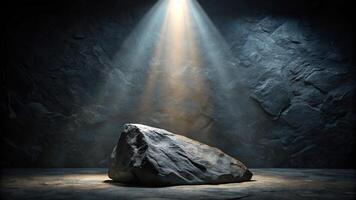 Rough dark stone background with a dramatic spotlight shining on it creating captivating reflections, reflected, texture, abstract, dimly lit, dramatic, illuminated, stone, contrast photo