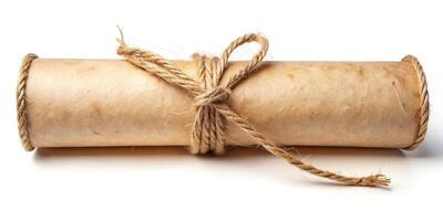 rolled parchment, twine, flat lay,vintage, white background, Vintage rolled parchment scroll tied with twine isolated on white background flat lay photo