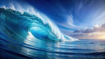 An abstract representation of a tranquil ocean wave captured in minimalistic style with a seamless gradient transition from deep azure blue on the crest to a pure white base, minimalist photo
