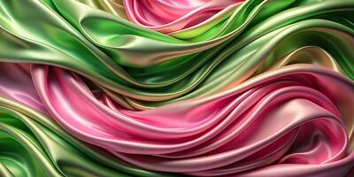 Wave texture silk abstract fabric in shades of pink and green creates a luxurious and mesmerizing swirl background with a beautiful depth of field, background, pink and green, luxury photo