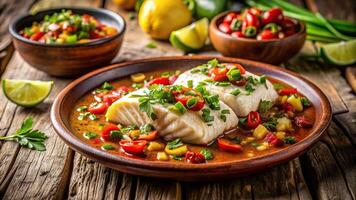 a la vizcaina, vibrant, Mexican style cod dish a la vizcaina beautifully presented on a rustic wooden background with a forced perspective highlighting its vibrant colors and tempting flavors photo