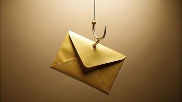 fisheye, beige background, lure, alluring, advertisement, unexpected, Golden envelope with a fishing hook hanging from it isolated on a beige background captured using a fisheye lens photo