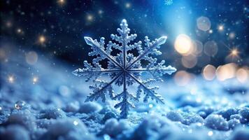 frozen, close-up, light, nature, A close up macro shot of a beautiful snowflake ice crystal glistening in the light surrounded by other snowflakes falling gently on a cold winter night photo