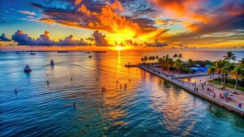 An incredible aerial view of the sunset at Mallory Square in Key West capturing the vibrant colors reflecting on the water and the silhouettes of the people enjoying the view, people photo