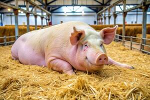 winner, large, big, minimalist, exhibition, event, farm, competition, champion, animal, clean, agriculture, hay, livestock, Very large pig lying on a bed of hay and straw at a pig show photo