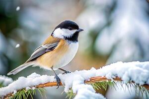 cold weather, songbird, cute, small bird, avian, cold, feathers,bird, black capped chickadee, fluffy, A black capped chickadee perched on a snowy branch in winter photo