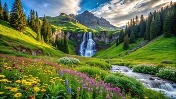nature, trees, framed, beautiful, meadow, lush, A serene green mountain meadow with a cascading waterfall in the background surrounded by vibrant wildflowers and framed by lush trees photo