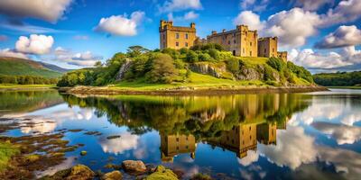 Dunvegan Castle on the Isle of Skye Scotland a symmetrical image of the majestic castle reflected in the calm waters, reflection, Isle, tourist attraction, castle, outdoor, beautiful photo