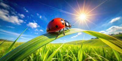 sunny day, ladybug, summertime, fisheye lens, field plant, A close up shot of a vibrant ladybug perched on a green field plant captured with a fisheye lens during a sunny summertime day photo
