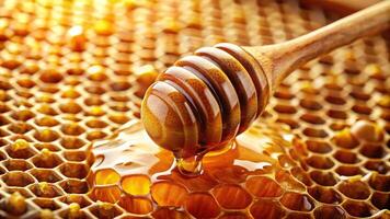 delicious, sticky, liquid, nature, indulgence, golden, dessert, dripping, A close up view of honey being poured from a honey dipper into a honeycomb creating a mesmerizing pattern photo