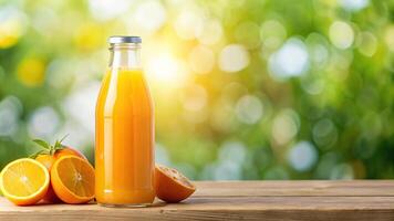 orange juice bottle featuring a refreshing beverage is captured in this stock photo isolated on a white background with a slightly blurred foreground and background to create a depth of field effect