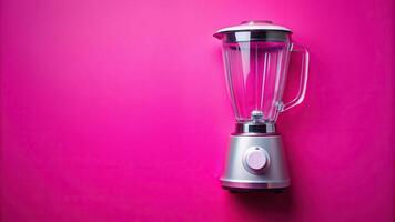 An empty blender sits on a vibrant pink background seen from a bird s eye view, smoothie, blending, food preparation, pink background, mixing,blender, empty, equipment, healthy, lifestyle photo
